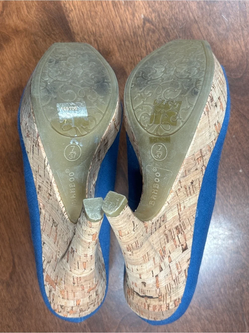 BAMBOO Blue Canvas Cork Platform Peep-Toe Wedges